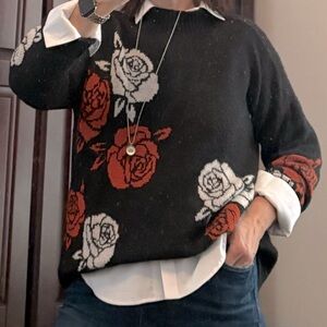 Torrid Black Sweater with Red and White Floral Design